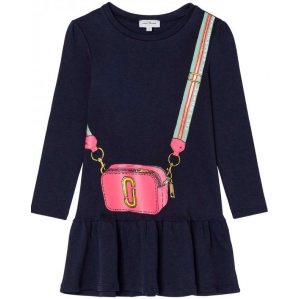 Marc Jacobs Girls Snapshot Bag Print Long Sleeve Cotton Flare Dress Navy Sz 3